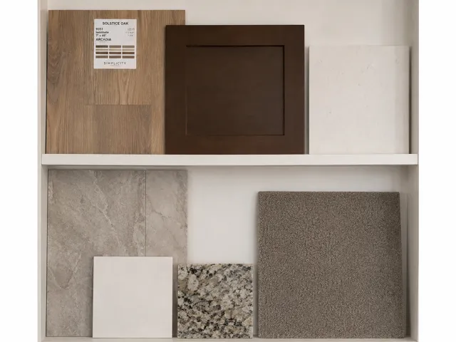 Kitchen / Living room Flooring, Biscotti colored Kitchen Cabinets, White Quartz Countertops in the Kitchen and Bathrooms!