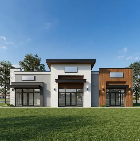 Modern commercial facade featuring a flat roofline, white brick, light gray siding, and wood-finish paneling