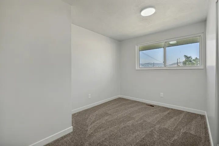 Carpeted room featuring a double window, white trim, and a flush-mount ceiling light