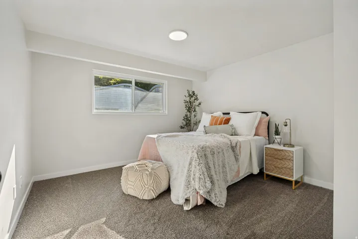 Carpeted bedroom with a window, white walls, and a ceiling-mounted light fixture