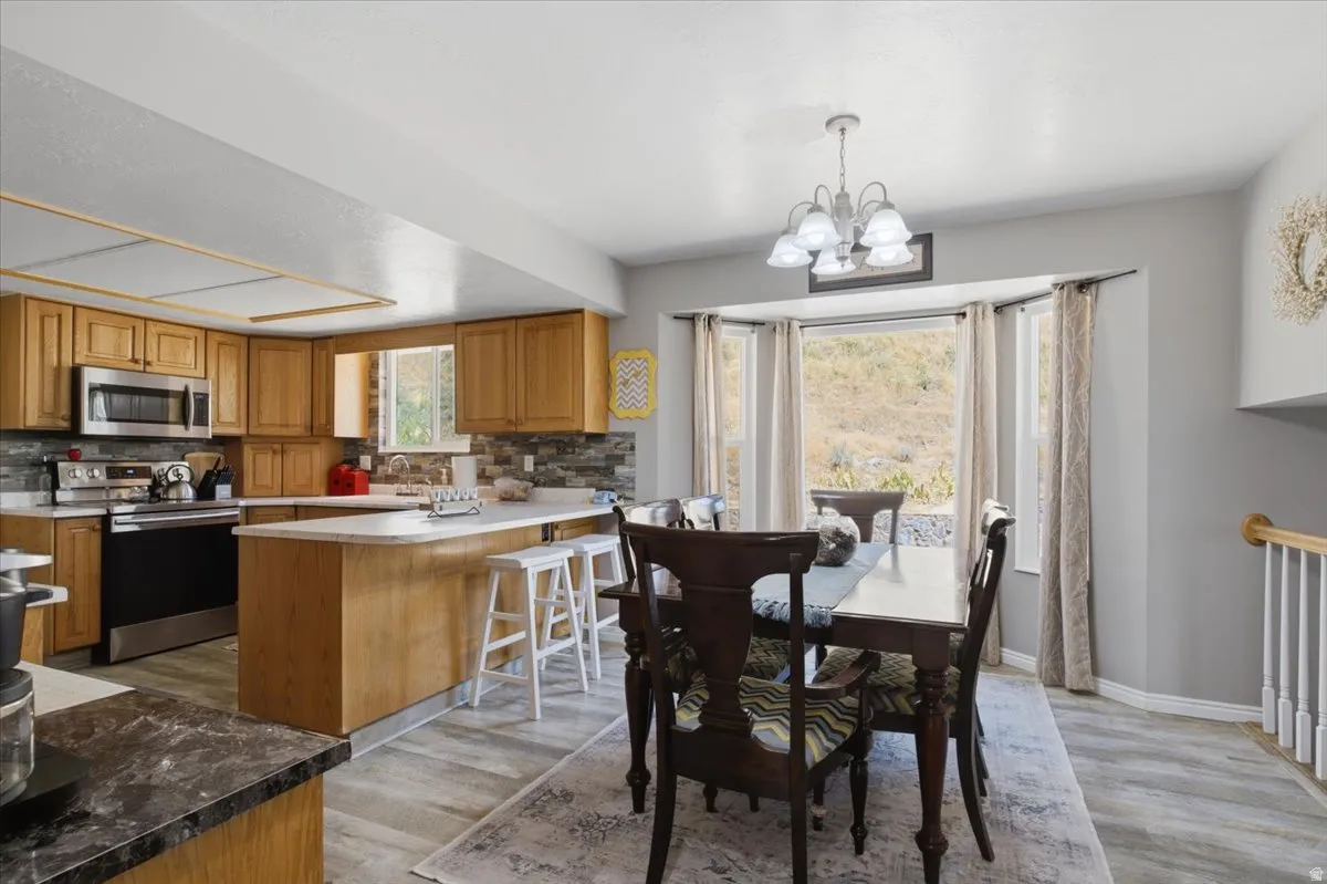 Kitchen and dining area featuring light wood cabinetry, stainless steel appliances, a stone tile backsplash, and wood-finish flooring