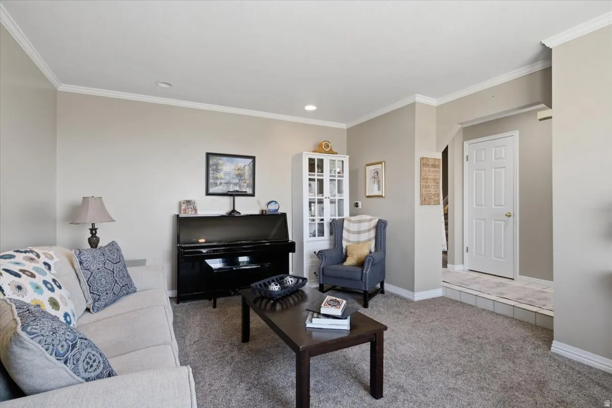 Carpeted living area featuring crown molding and neutral wall tones