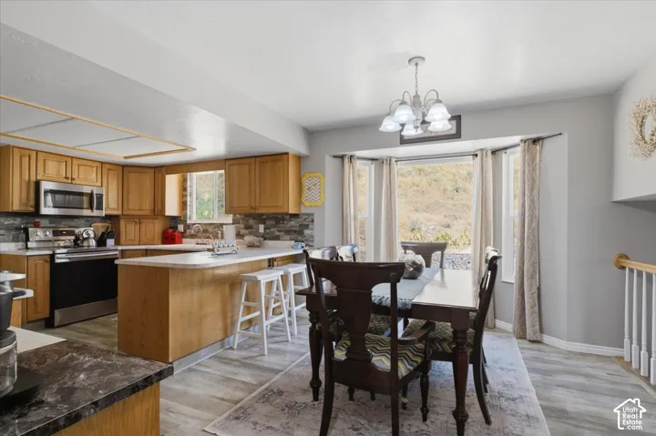 Kitchen and dining area featuring light wood cabinetry, stainless steel appliances, a stone tile backsplash, and wood-finish flooring