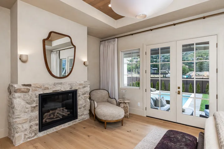 Stone-clad fireplace with a gas insert