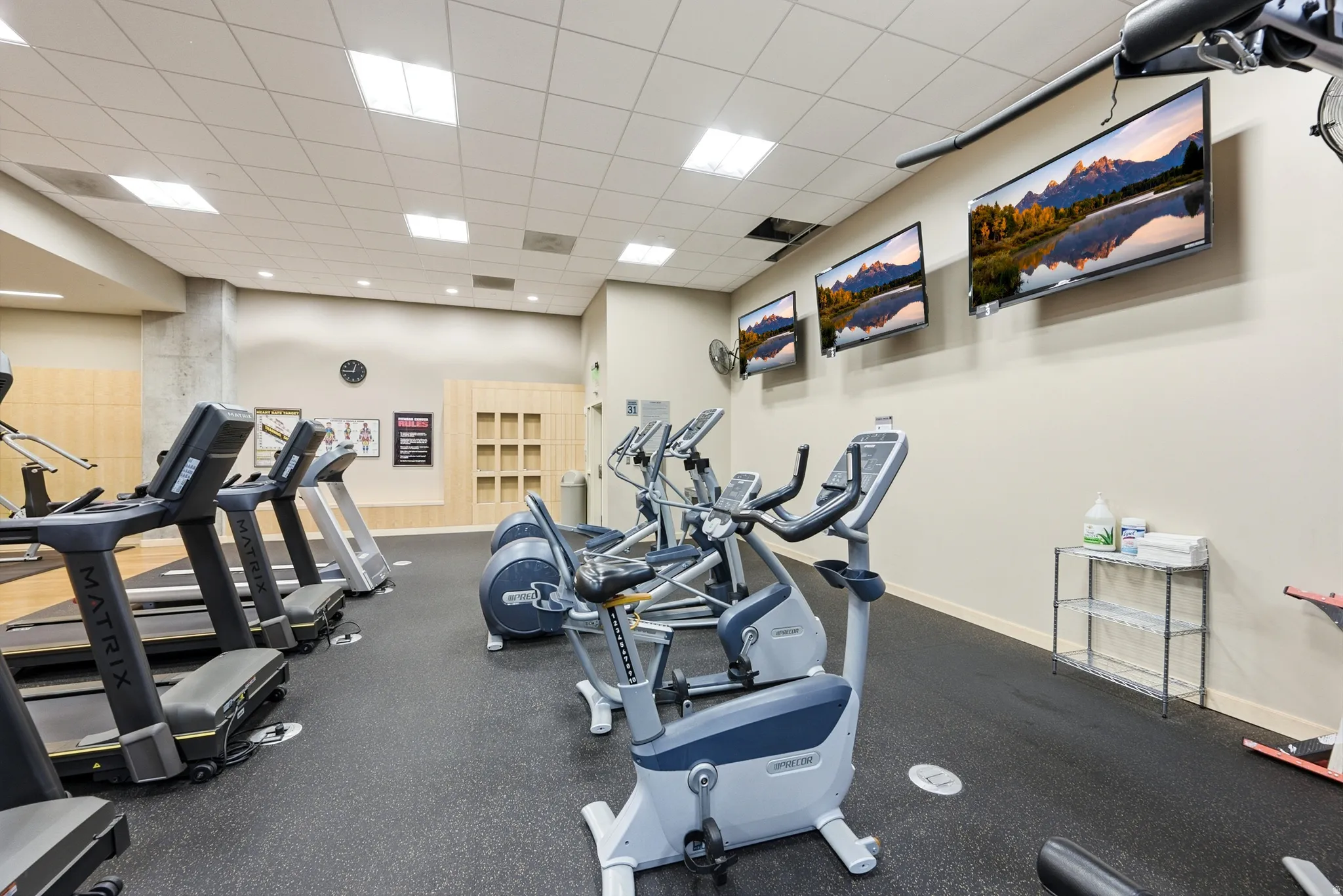 Fitness center featuring multiple treadmills and stationary bicycles