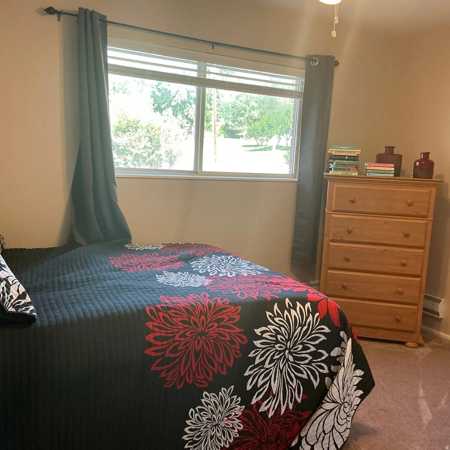 Windowed interior space with neutral wall paint and carpeting