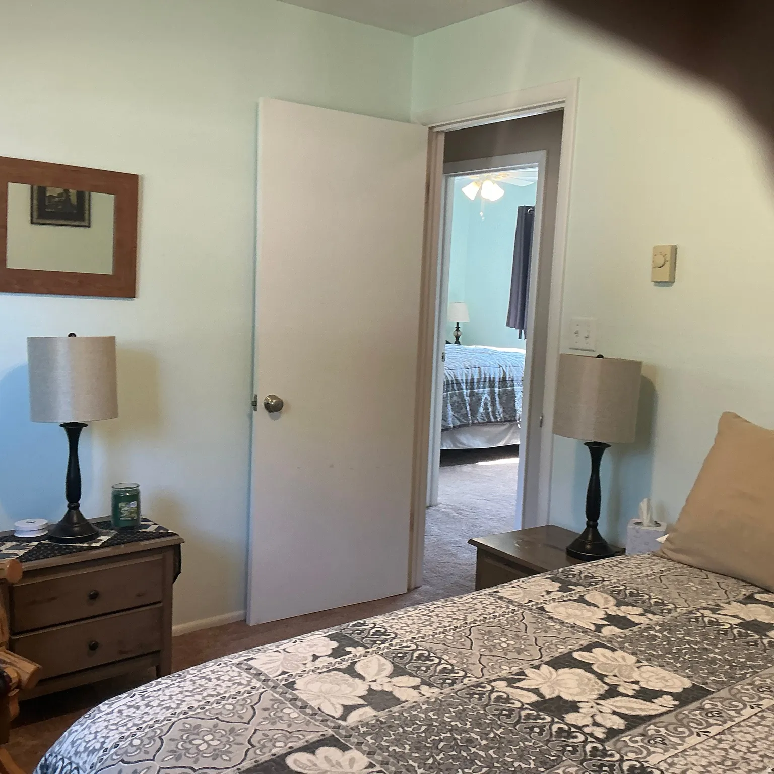 Light-colored walls complement the carpeted flooring
