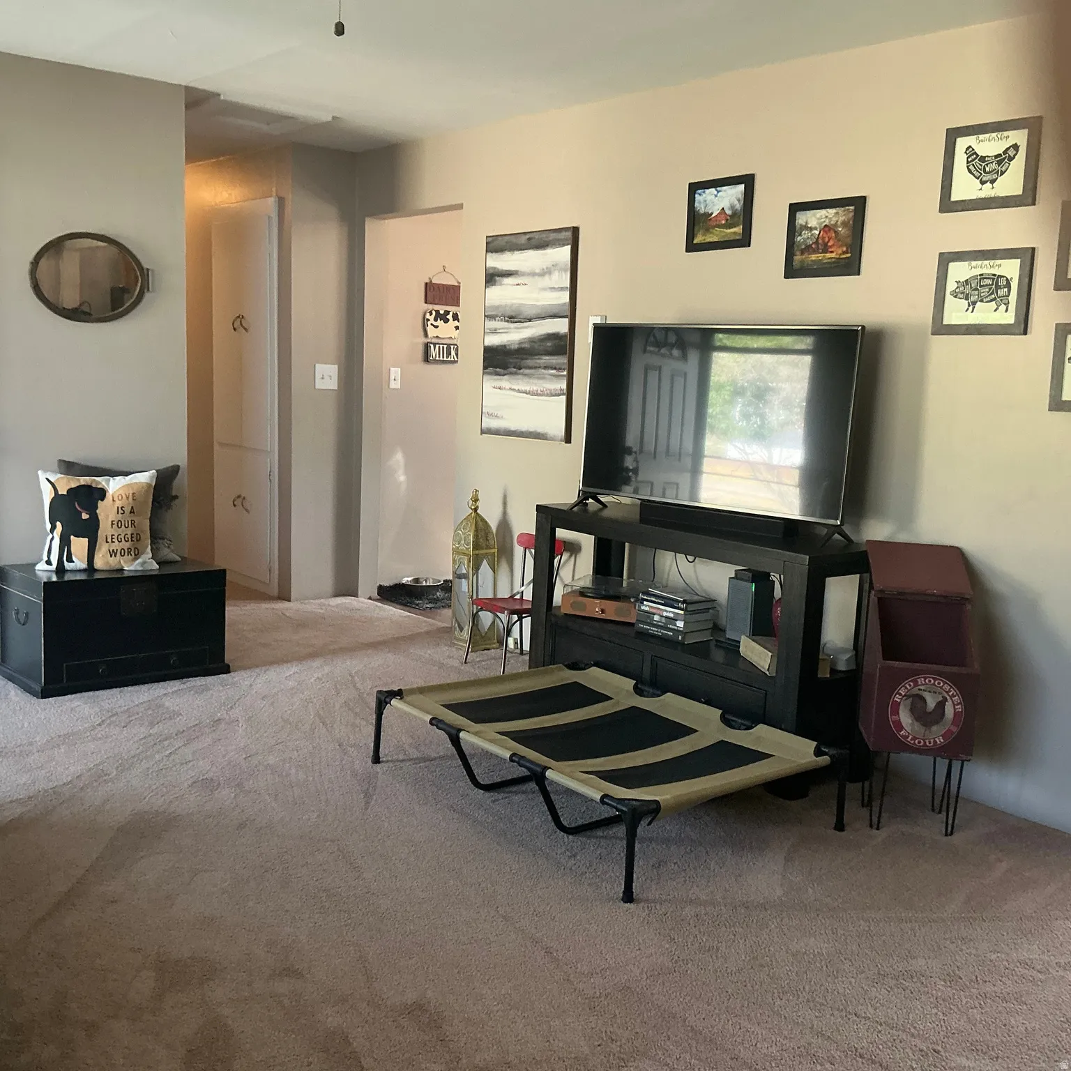 Carpeted living area with neutral wall tones