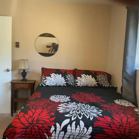 Bedroom featuring neutral wall paint, carpet flooring, a dark wood-finish nightstand, a wall-mounted circular mirror, and a window with dark curtains