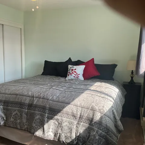 Spacious room featuring light green walls and carpet flooring