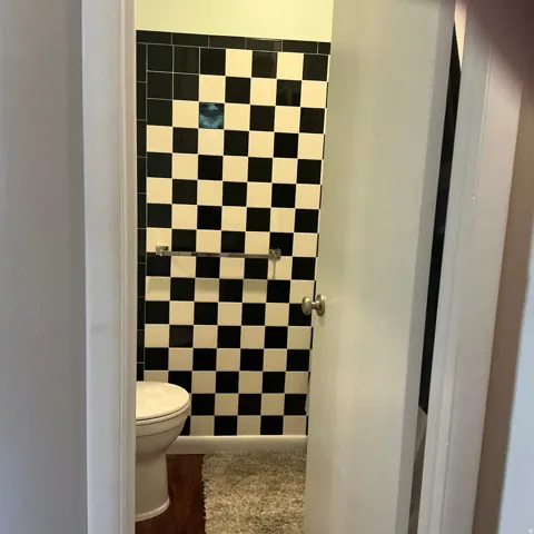 Bathroom featuring checkerboard wall tiling, a white toilet, and wood-finish flooring
