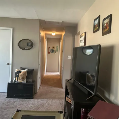 Hallway with neutral carpeting and paint, featuring an overhead flush-mount light fixture