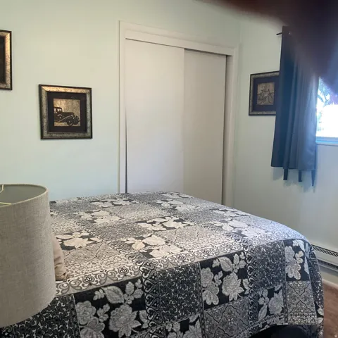 Bedroom featuring a sliding closet door, light-toned walls, and a window with dark curtains