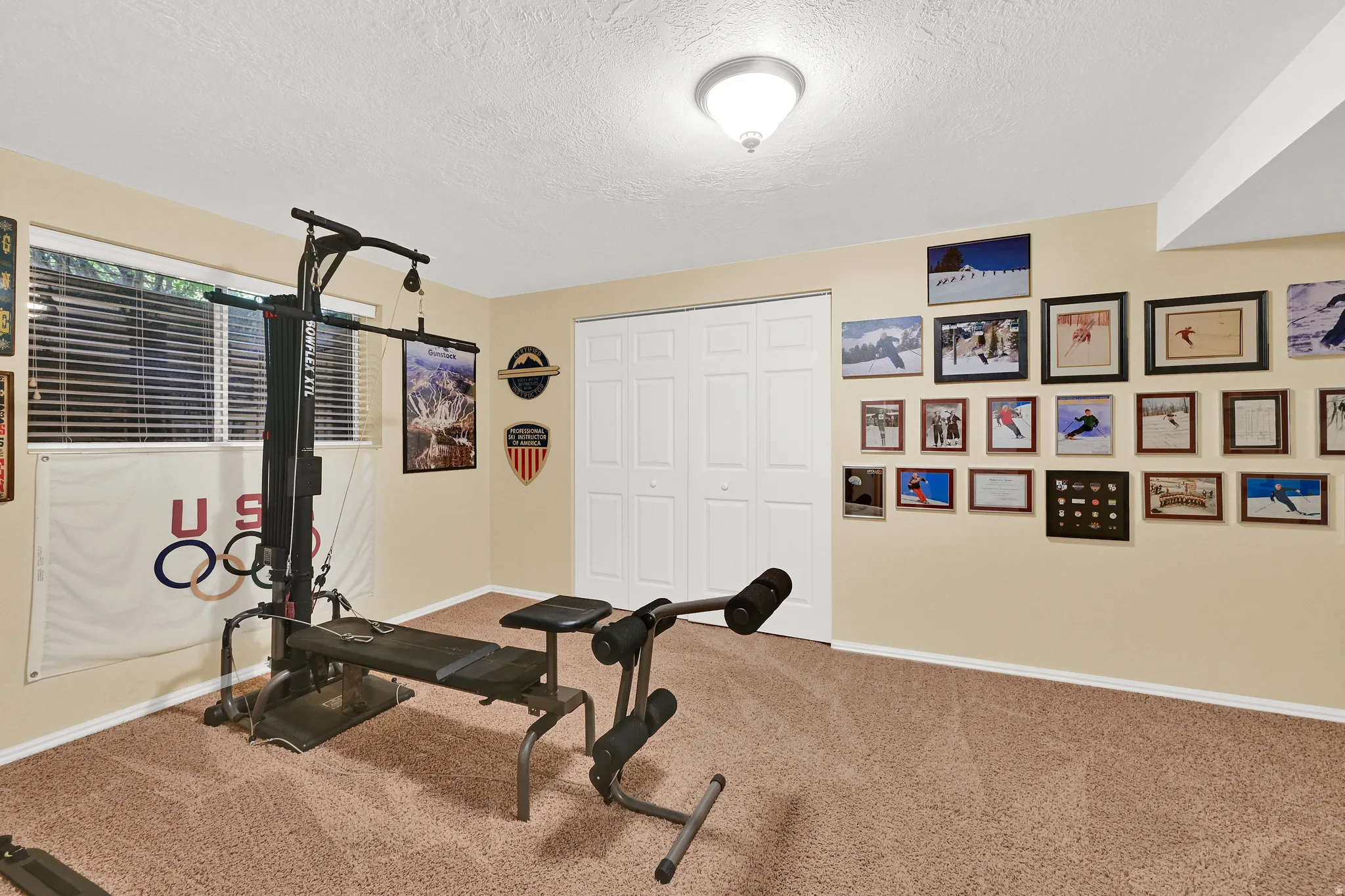 Room featuring light neutral-colored walls, a textured carpet, and a flush-mounted ceiling light fixture