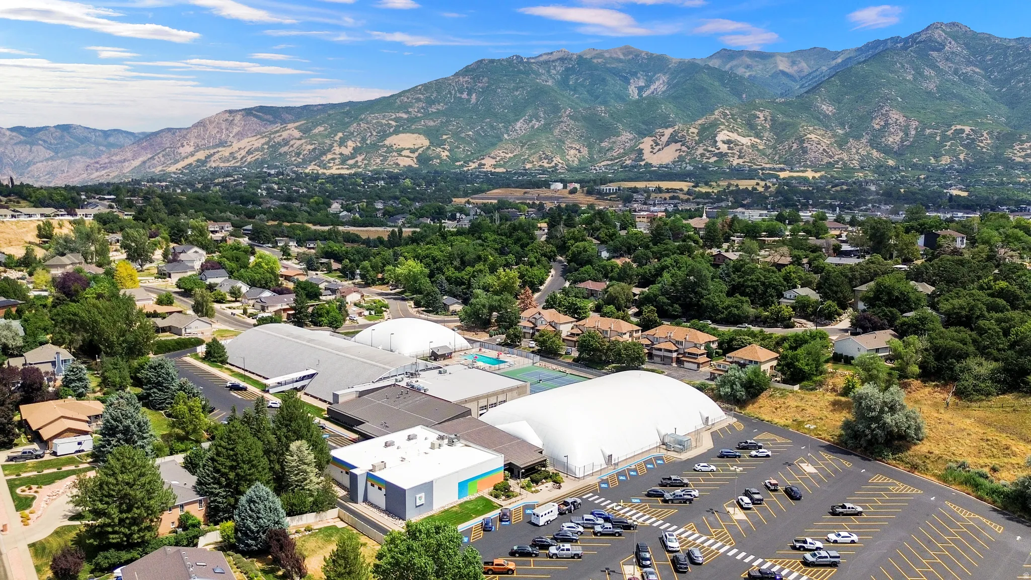 Expansive aerial perspective showcasing a neighborhood with extensive tree coverage and distant mountains