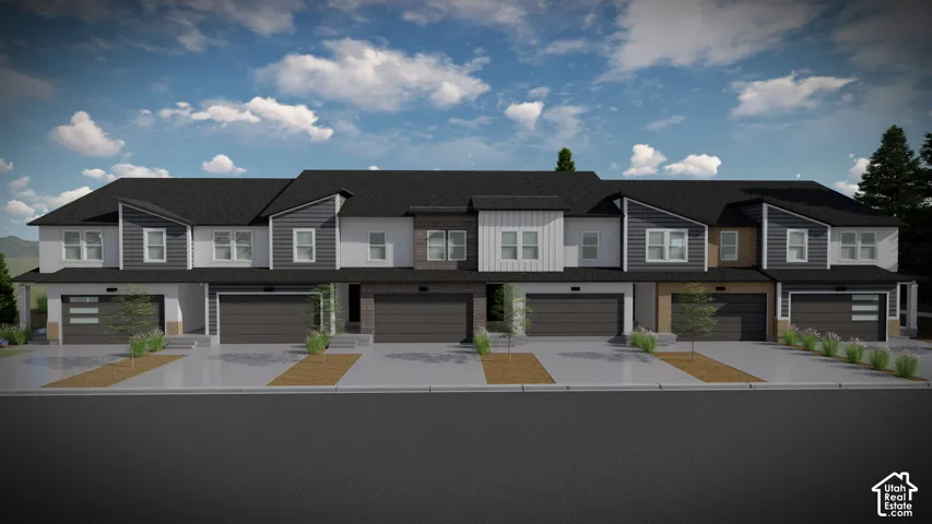 Contemporary townhome exteriors featuring varied siding textures, attached garages, and a uniform dark shingle roof