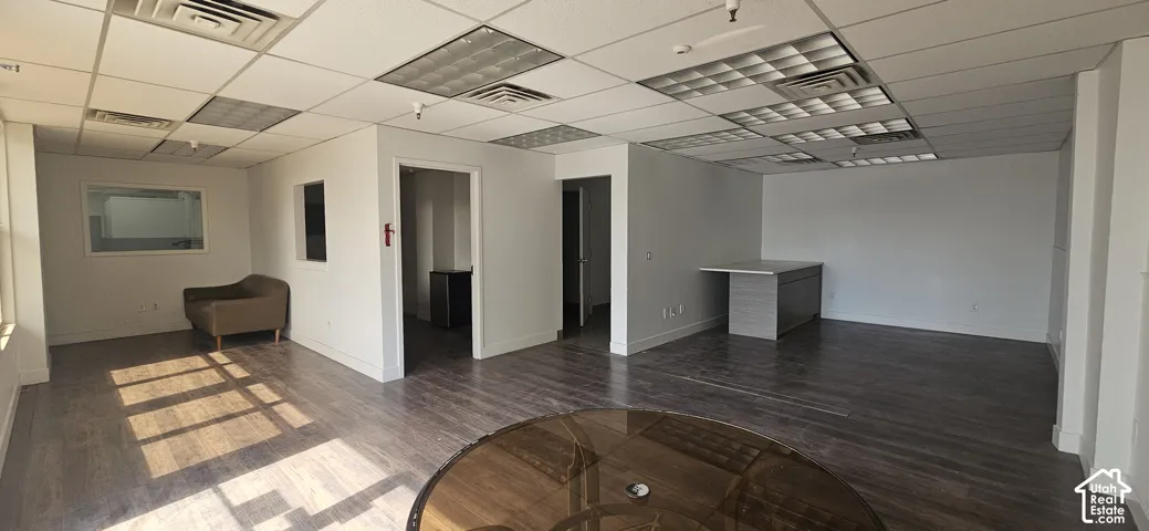 Open commercial space featuring wood-finish flooring, drop ceiling with integrated lighting, multiple windows, and a built-in counter