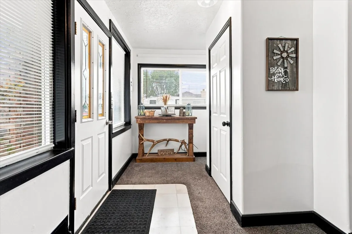 Entryway featuring a white paneled door with decorative glass inserts, surrounding windows with blinds, and dark contrasting trim