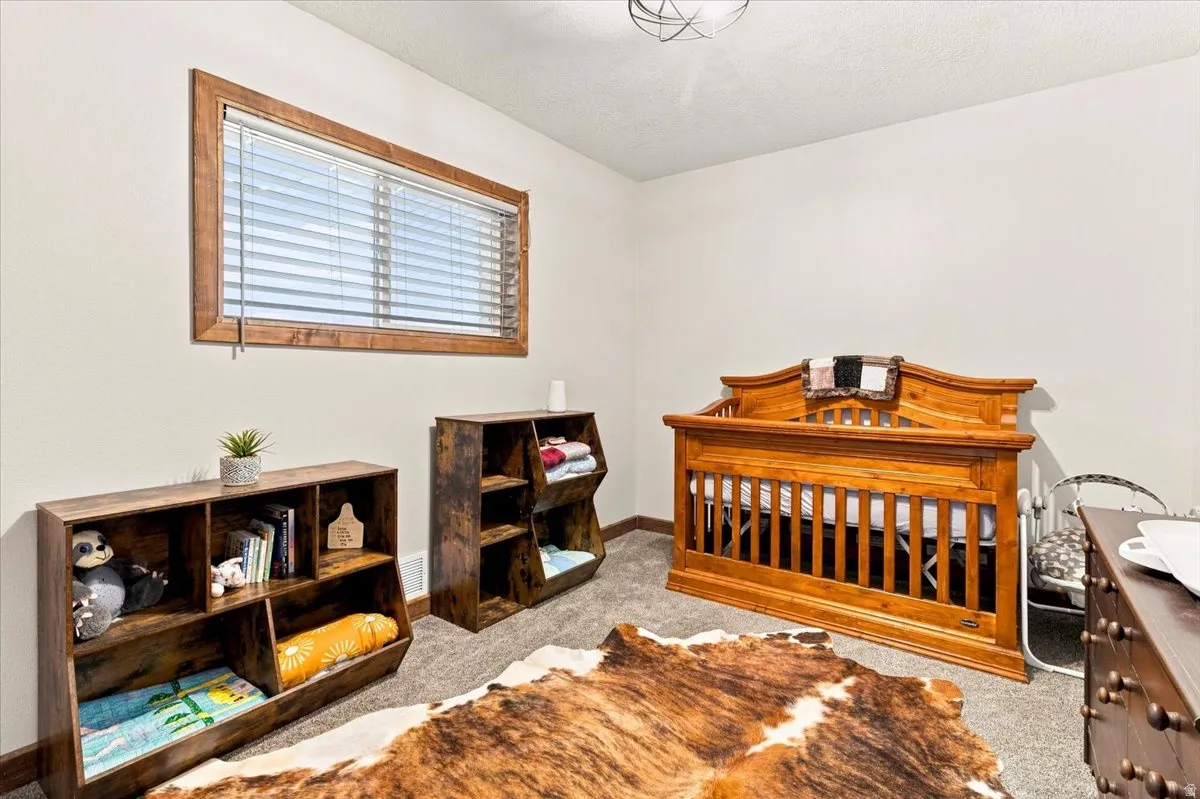 Carpeted room featuring a window with wood-finish trim and blinds, a ceiling-mounted light fixture, and light-toned walls