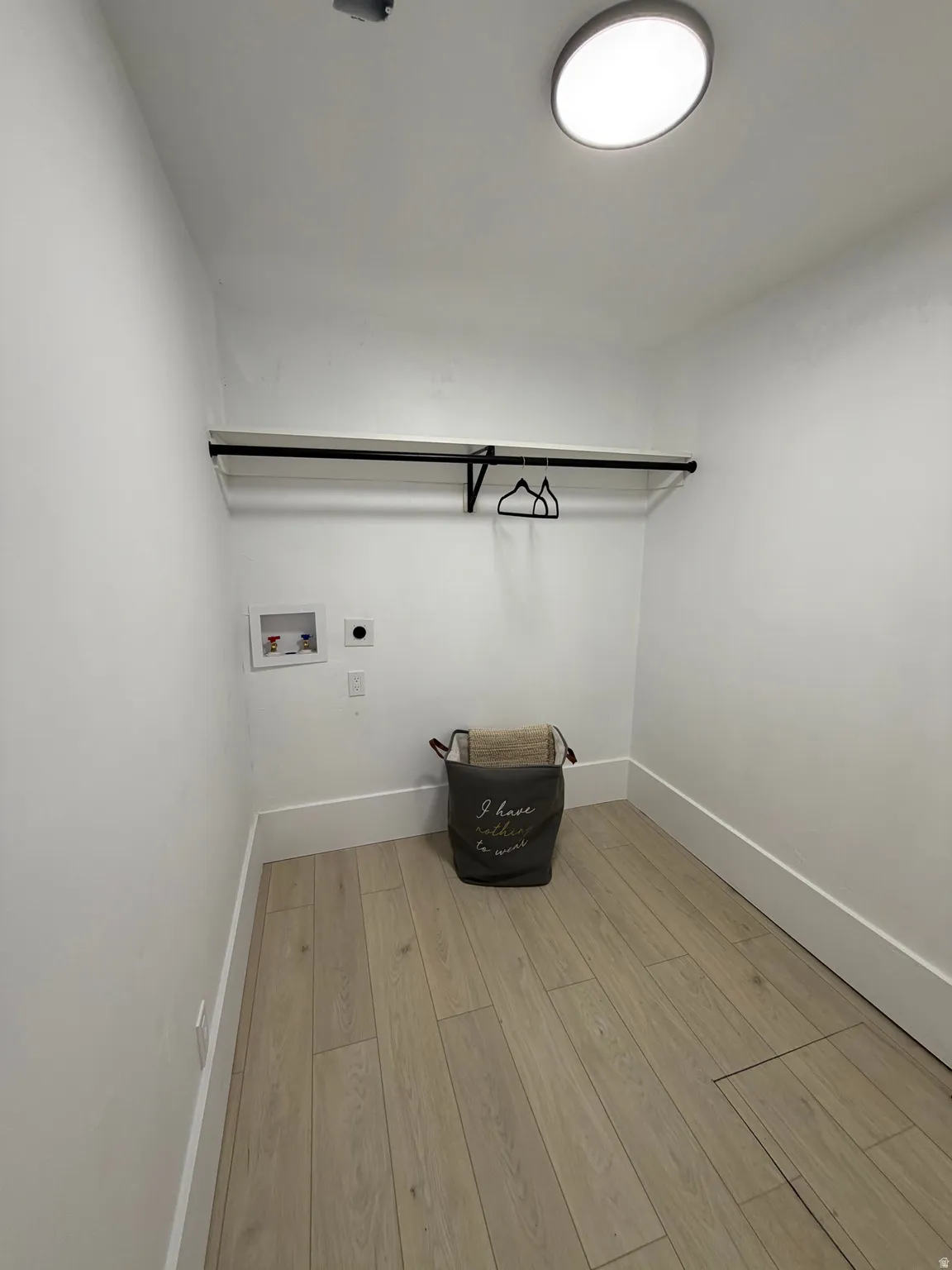 Dedicated utility area featuring wood-finish flooring and a flush-mount ceiling light