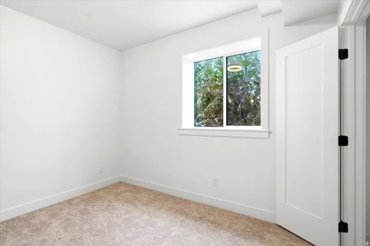 Bright interior room featuring a window with white trim, a solid white interior door with black hardware, and neutral-toned carpeting