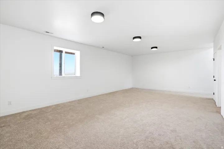 Spacious room featuring neutral carpeting, white walls, a single window, and three flush-mount ceiling lights