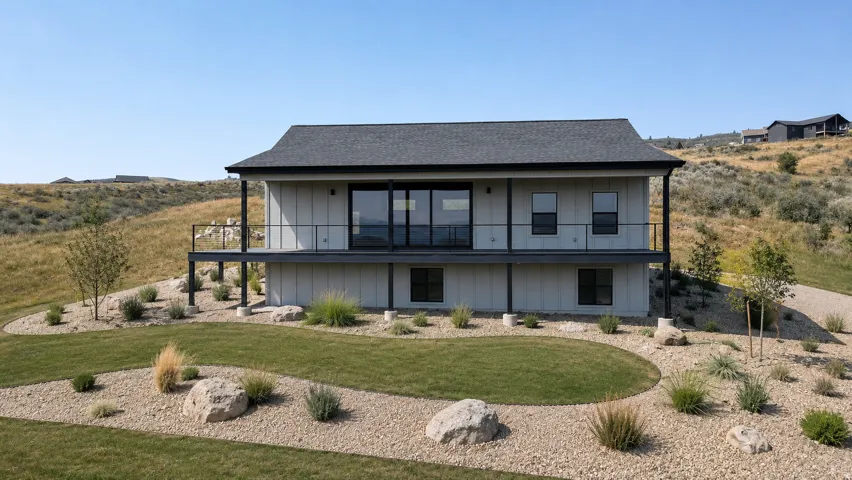 Modern farmhouse exterior featuring light siding and a dark shingled roof