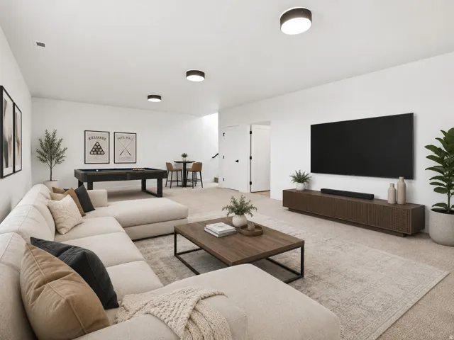 Spacious recreation area featuring recessed lighting, light carpeting, and white walls