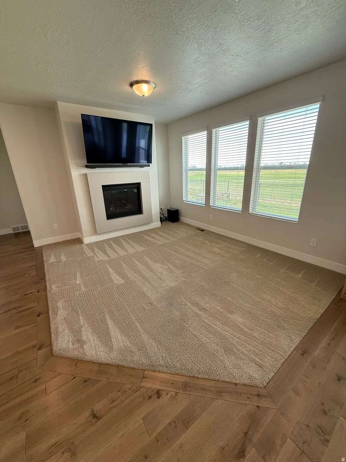 Carpeted living area with a built-in fireplace and three large windows