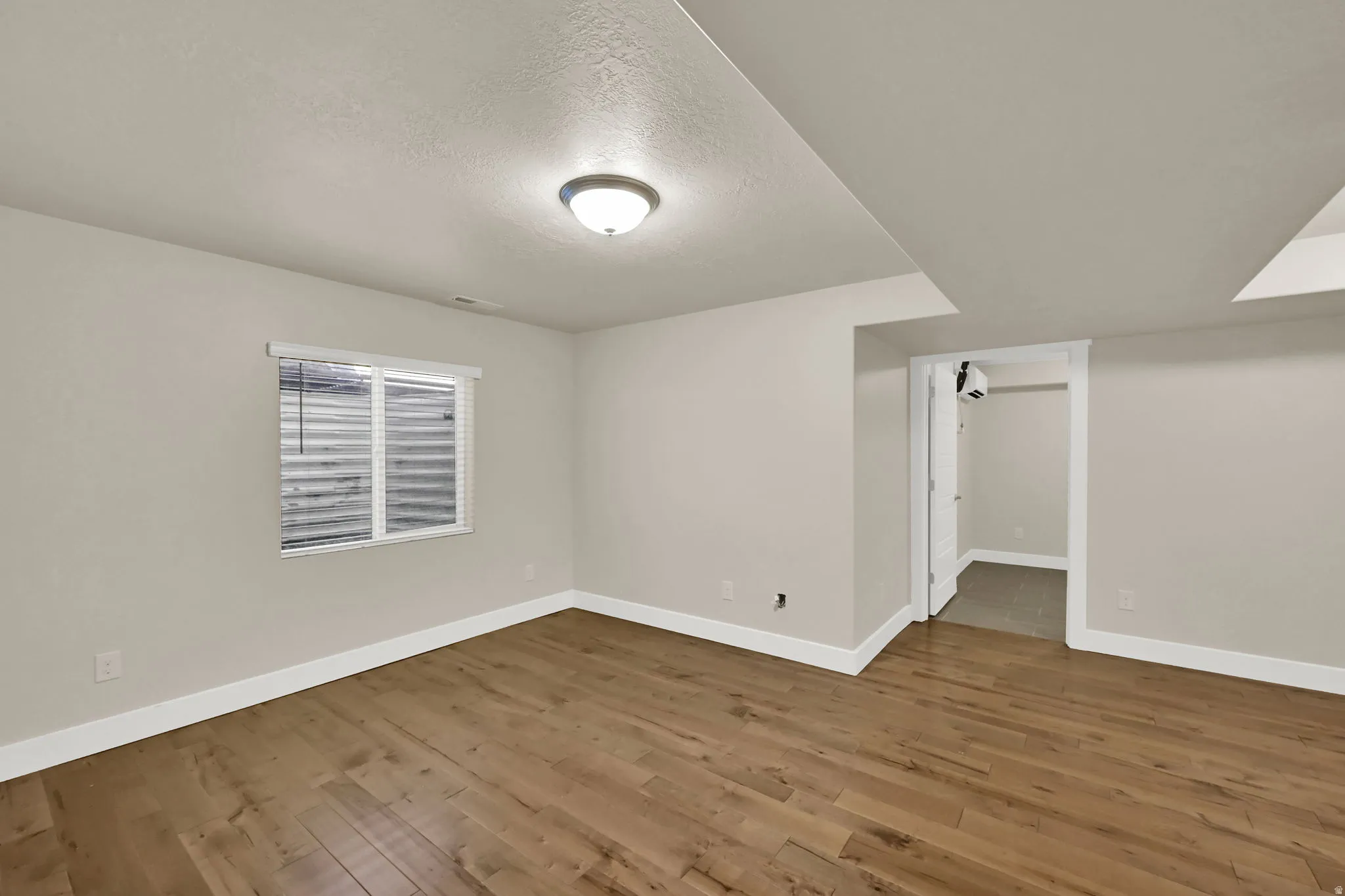 Spacious room featuring wood-finish flooring, light neutral wall paint, and white trim