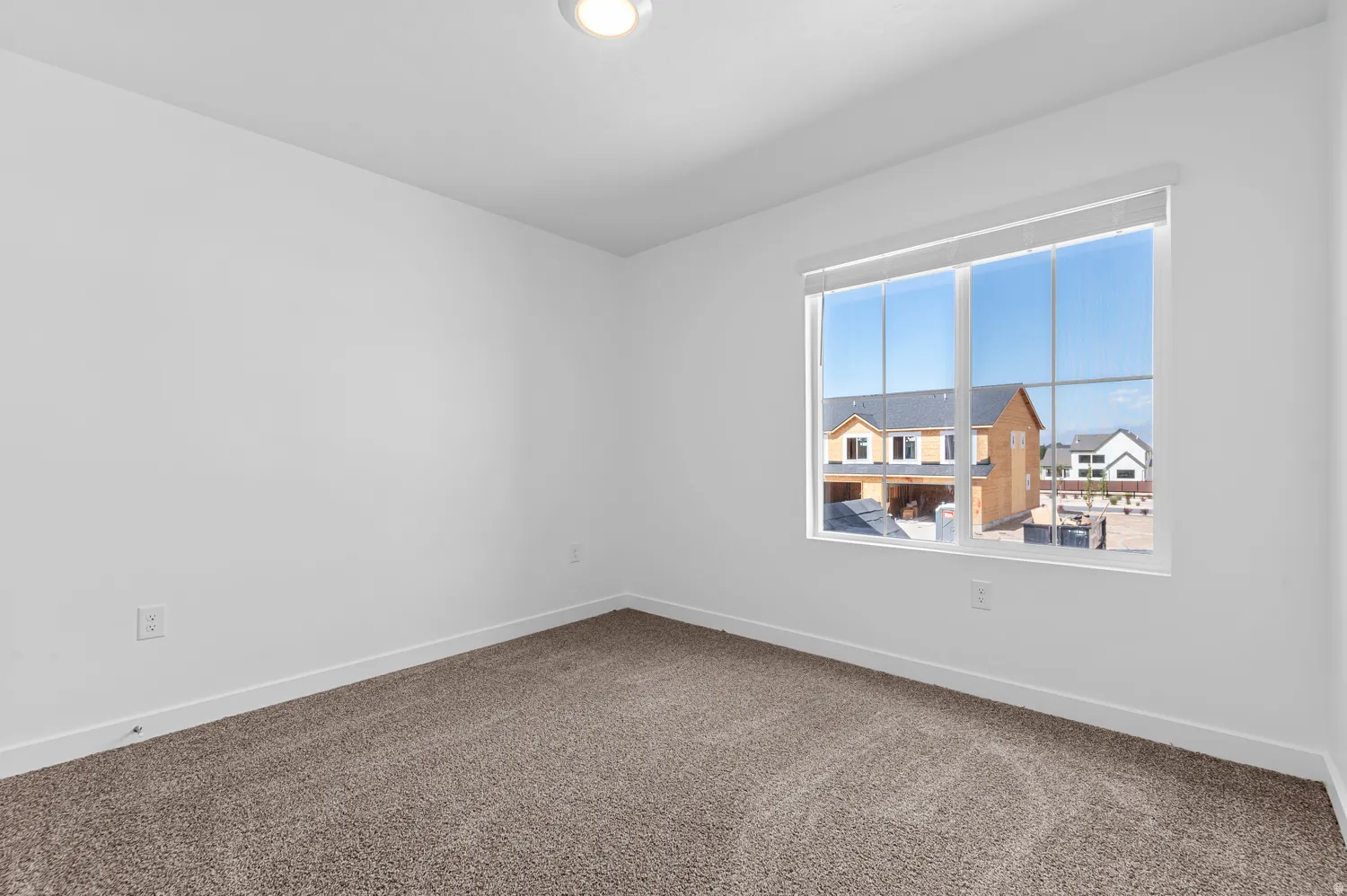 Bright room featuring a large window, neutral wall paint, white trim, textured carpeting, and a ceiling light fixture