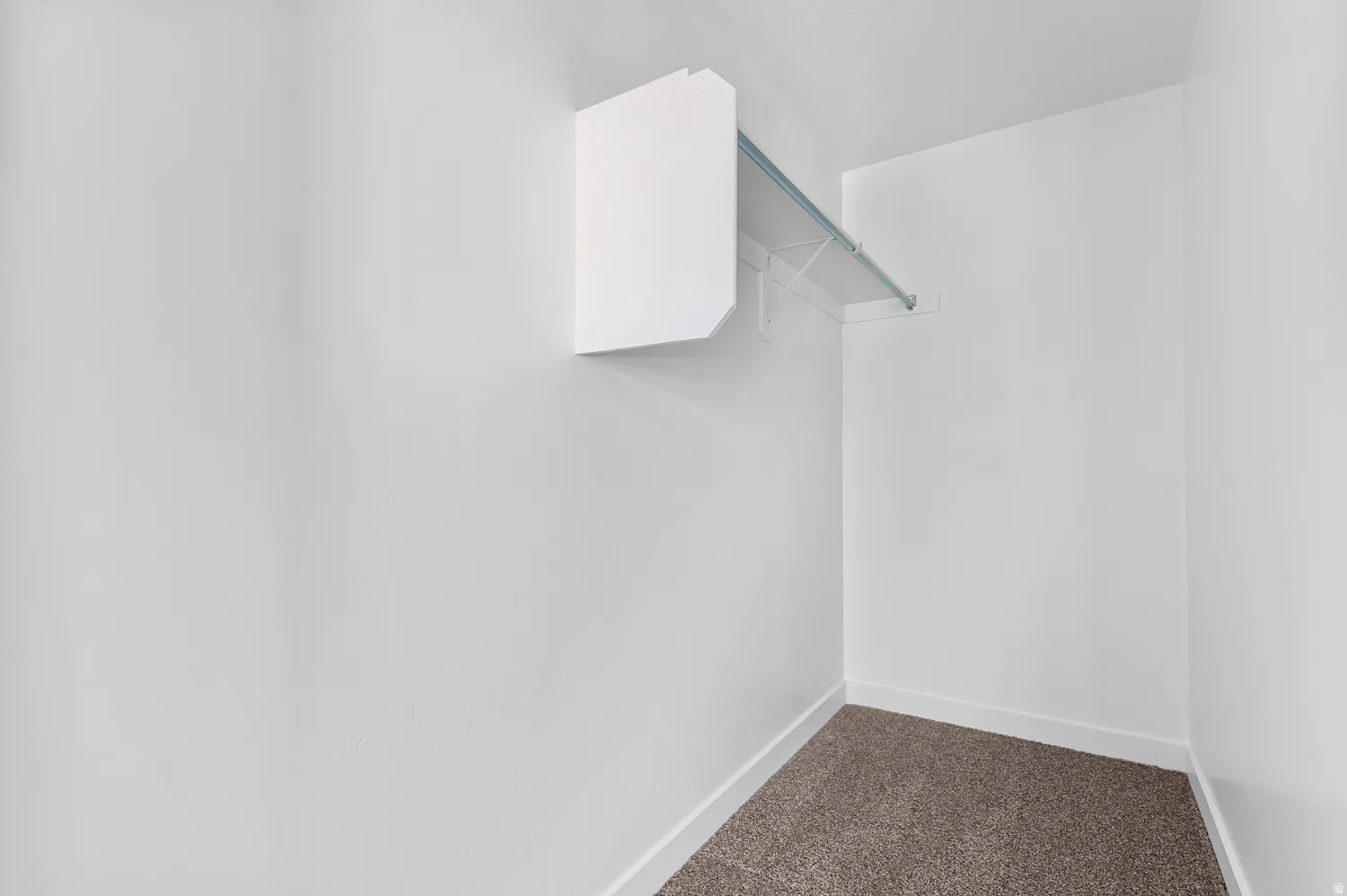 Walk-in closet featuring light-toned walls, a single hanging rod, and a built-in storage shelf