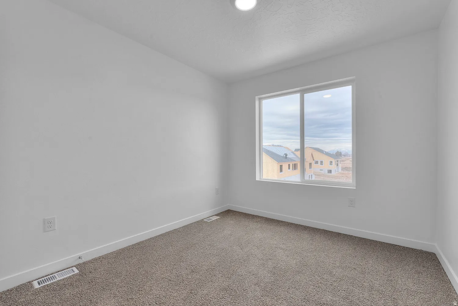 Carpeted room featuring a large window, white walls, white trim, and a ceiling light fixture