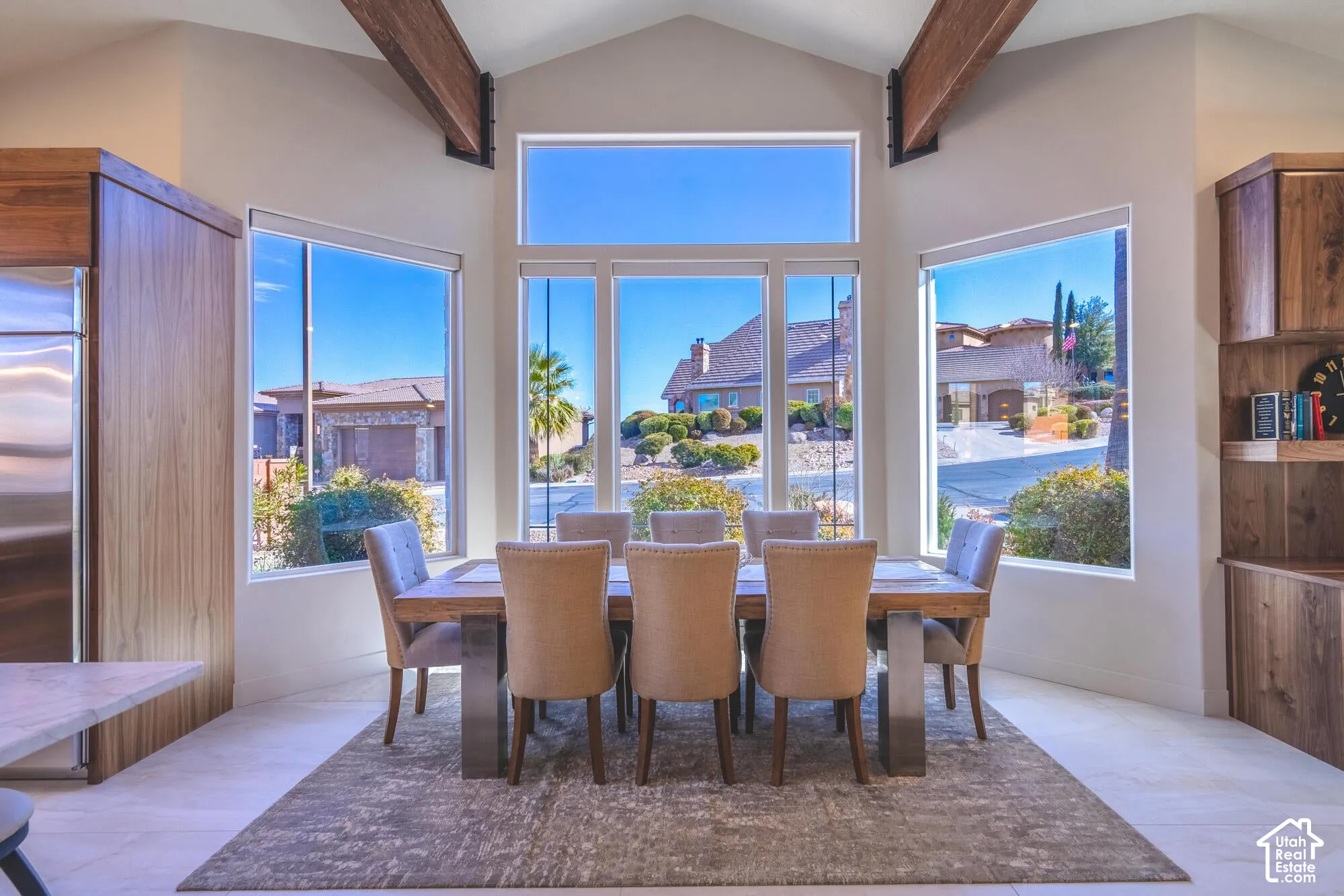 Vaulted ceiling with exposed wood beams
