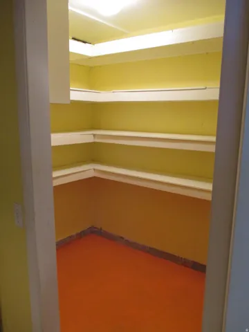West Duplex - Walk-in pantry featuring built-in shelving, bright wall paint, and a ceiling-mounted light fixture