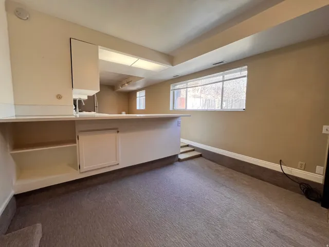 East Side - Lower-level area featuring a kitchen with white cabinetry, a sink, and a counter space with built-in shelving
