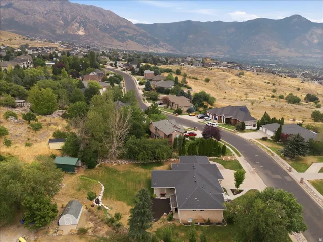 Aerial perspective showcasing a residential neighborhood with mountain backdrop