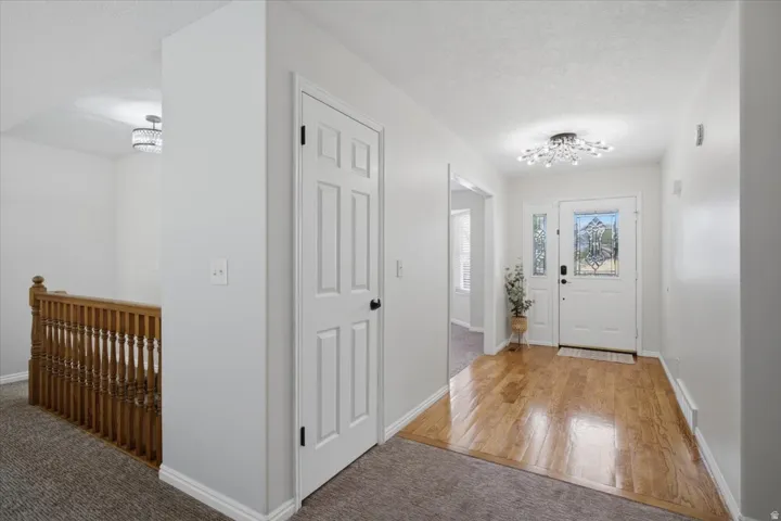 Inviting entryway featuring wood-finish flooring, a decorative glass-paneled front door, and a modern ceiling fixture
