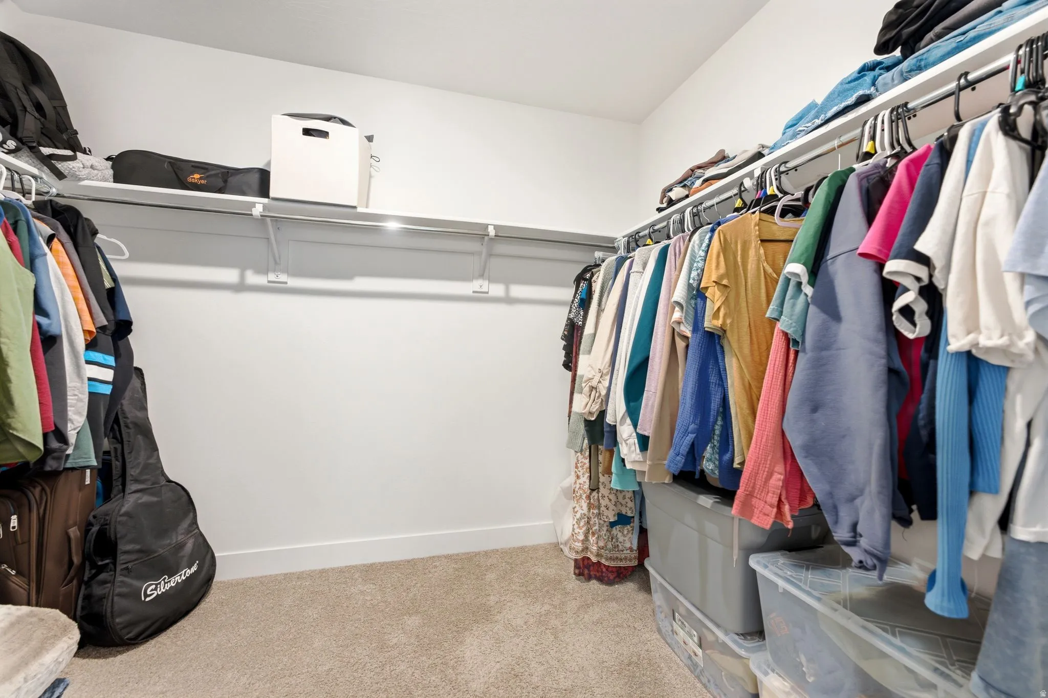 Walk-in closet featuring carpet flooring, crisp white walls, and extensive shelving with hanging rods