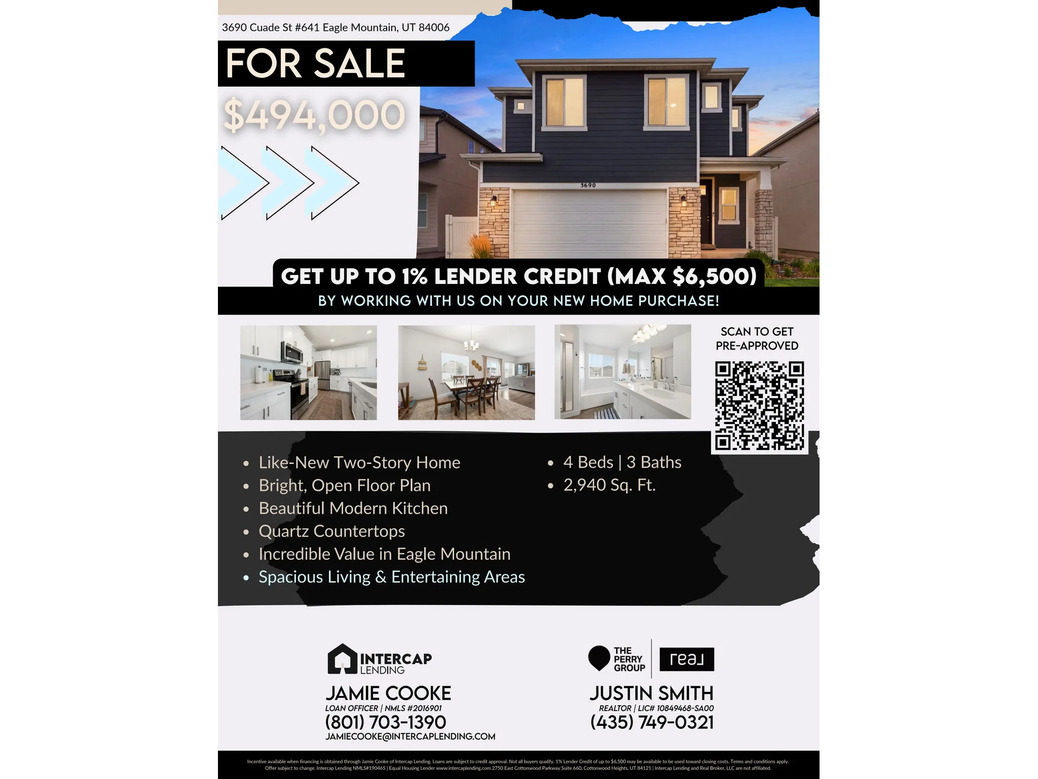 Real Estate Listing Advertisement. Displaying property features, financial incentives, and contact information for the property