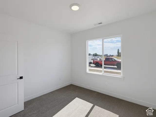 Neutral interior space featuring wall-to-wall carpeting, a multi-pane sliding window, a solid-panel door with matte black hardware, and a flush-mount ceiling light fixture