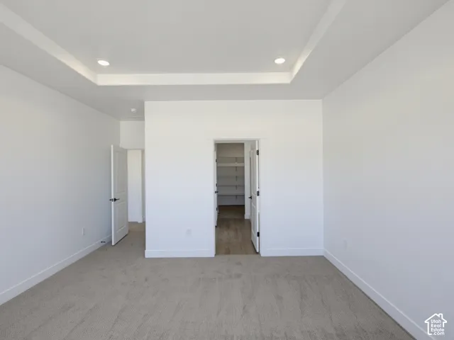 Tray ceiling with recessed lighting and walk-in storage featuring built-in shelving