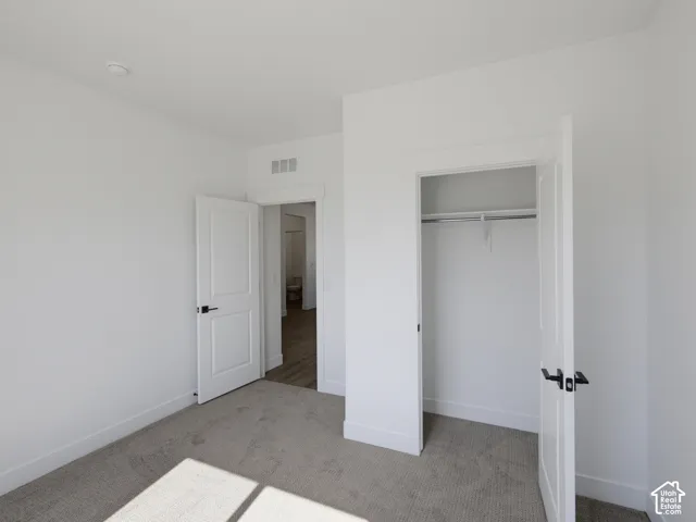 Interior space featuring neutral-toned carpeting, white walls, paneled doors with matte black hardware, and a closet with a built-in hanging rod