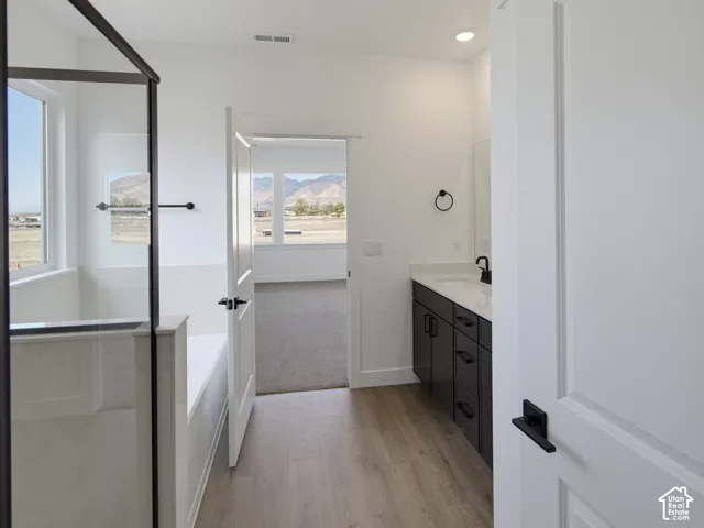 Bathroom featuring wood-finish flooring, dark cabinetry with matte black hardware, a light-toned countertop, and a walk-in shower with a framed glass enclosure