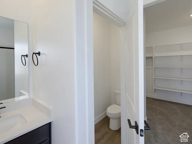 Vanity with a solid surface countertop, matte black hardware, wall-mounted mirror, and wood-finish flooring, featuring a dedicated water closet and built-in closet shelving