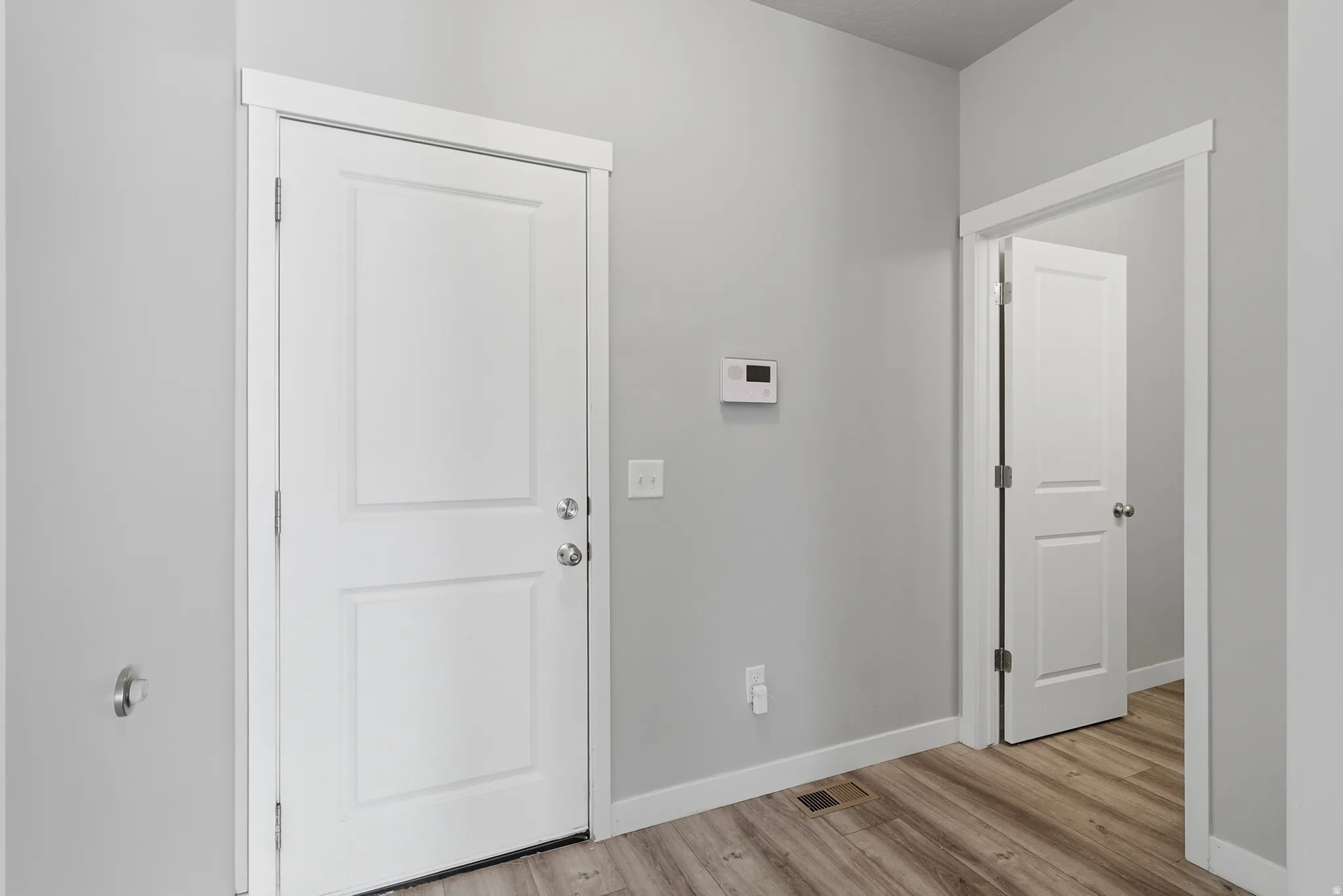 Interior space featuring light gray walls, wood-finish flooring, white baseboards, and white two-panel doors with silver hardware