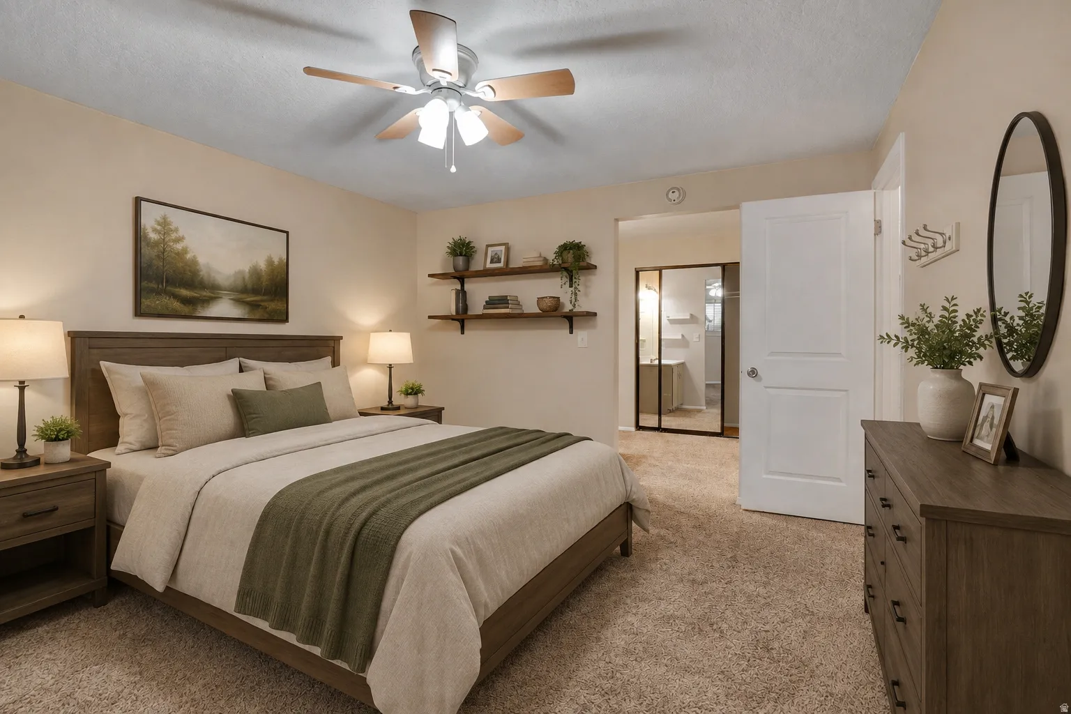 Ceiling fan with integrated lighting, wood-finish headboard, built-in shelving, paneled interior door, and textured carpet flooring