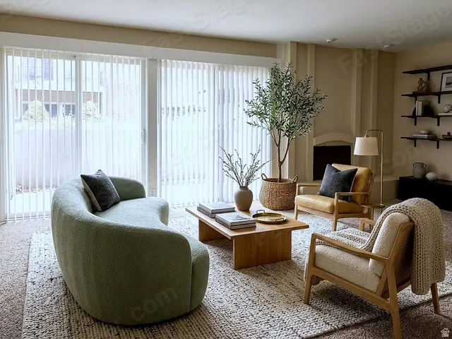 Sliding glass doors with vertical blinds, built-in shelving, and a fireplace feature in this inviting space