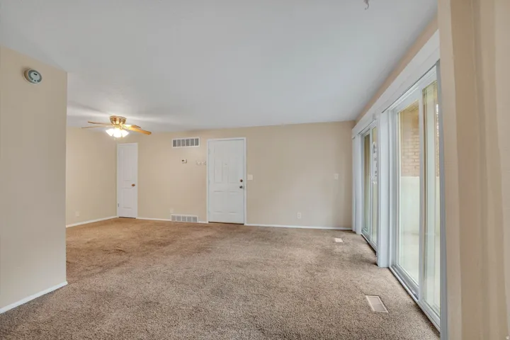 Carpeted flooring throughout, with a ceiling fan light fixture, white interior doors, and sliding glass patio doors
