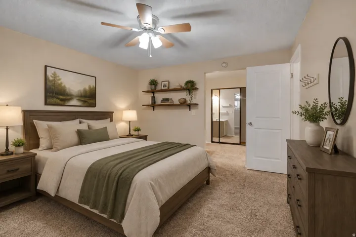 Ceiling fan with integrated lighting, wood-finish headboard, built-in shelving, paneled interior door, and textured carpet flooring